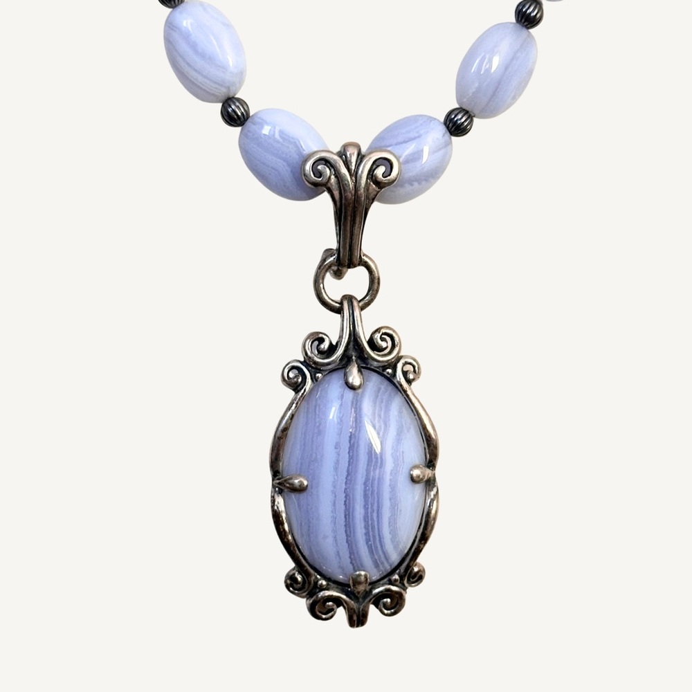 Vintage Carolyn Pollack Silver Blue Lace Agate Necklace w/ Detachable Pendant